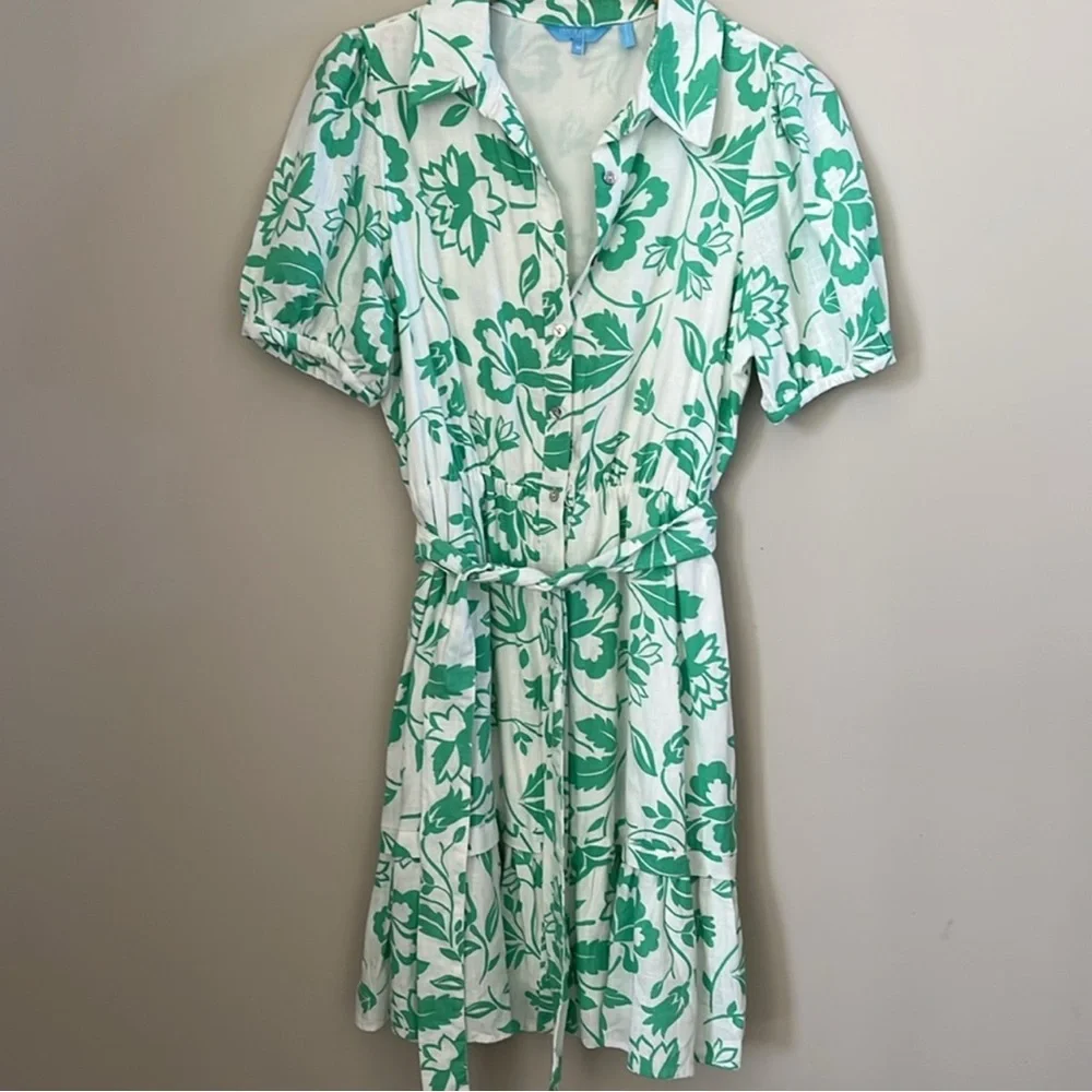 Draper James Puff Sleeve Green Floral Dress Size Medium Linen Blend Button Up - Picture 4 of 10